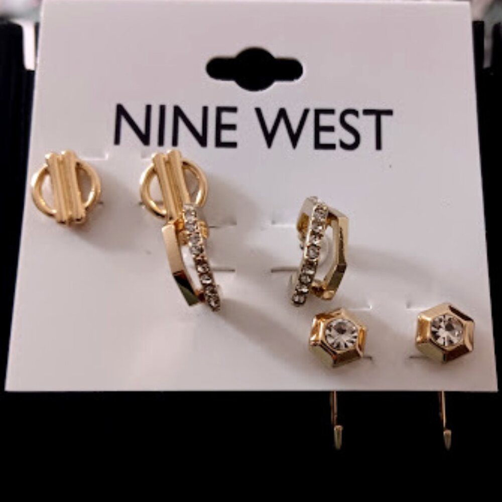 NINE WEST 3pc Mod/Contemporary Gold Clear Crystal Hoops & Stud Earrings Set**NEW - Picture 3 of 4